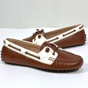 Veronica Beard Jia Boat Shoes Whiskey Coconut Brown White NEW Leather Flats